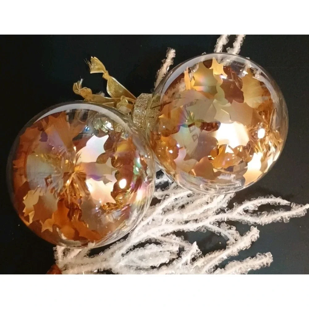 Pair Of Frontgate Clear Glass‎ Gold Round Christmas Ornaments 4.5